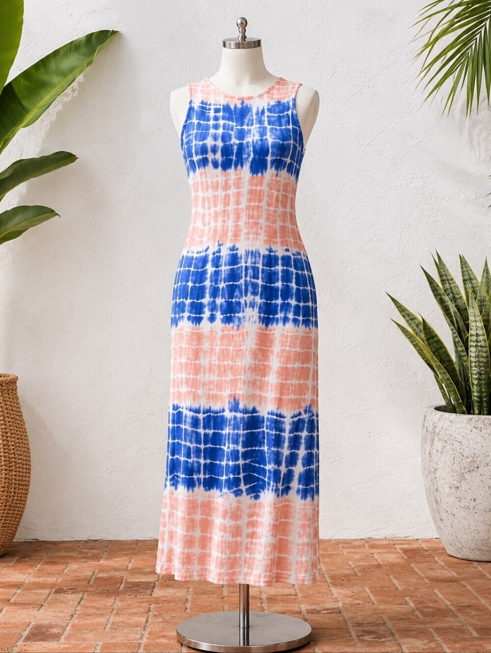 Tie Dye Color Block Midi Dress Pink Blue Sleeveless Knit Coastal Boho Medium - Picture 7 of 15